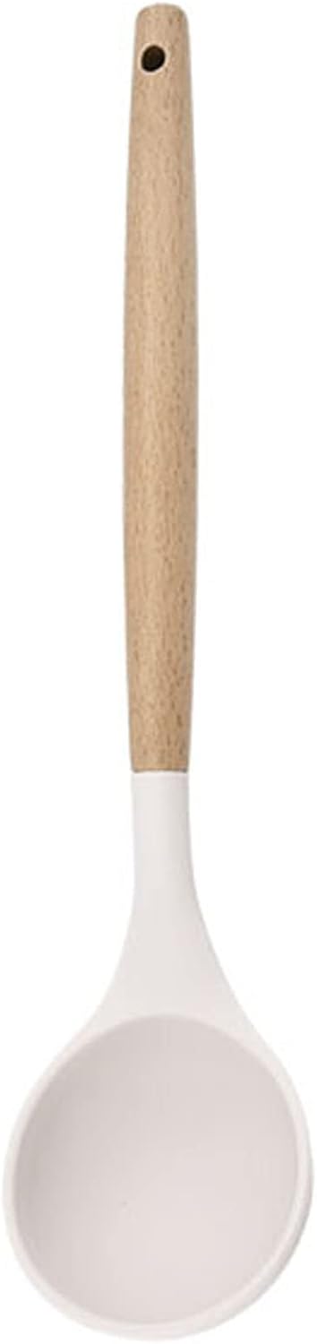 Carote 1pc White Silicone Soup Ladle Spoon with Wooden Handle, Heat Resistant Cooking Utensils, Large Nonstick Serving Scoop for Sauce, Soup, Stew, Chili, Salad Dressing and Pancake Batter.