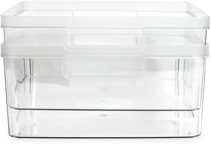 Isaac Jacobs 2-Pack Large Clear Storage Bins (11.5 L x 14 W x 5.5 H) wCutout Handles, Plastic Organizer for Home, Office, Kitchen, FridgeFreezer, Bathroom, BPA Free, Food Safe (Large)