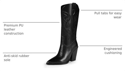 ISNOM Cowboy Boots Cowgir Boots for Women, Pointed Toe Chunky Heel Western Boots