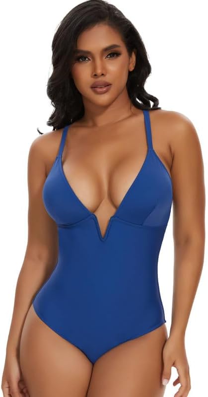 SHAPERIN Women Swimsuit One Piece Bathing Suits Tummy Control Sexy Deep V Neck Padded Push Up Swimwear Monokini