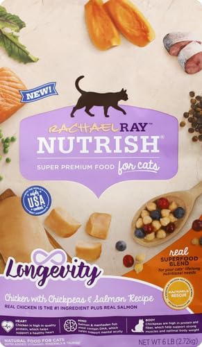 Rachael Ray Nutrish Longevity Premium Natural Dry Cat Food, Chicken with Chickpeas  Salmon Recipe, 6 Pounds (Packaging May Vary)