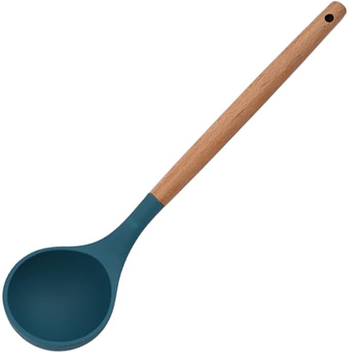 1pc Blue Silicone Soup Ladle Spoon with Wood Handle, Unbreakable Cooking Serving Spoon Scoop for Cooking Sauce/Stews/Gravies Canning and Pouring