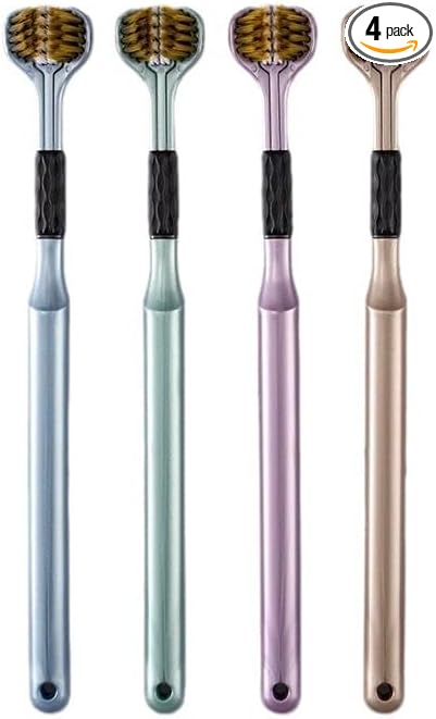 Three-Sided Toothbrush, 4-Piece Adult Toothbrush Set, Soft bristled Toothbrush, Full Tooth and Gum Care, Suitable for Adults and Teenagers (Green, Pink, Brown, Blue)