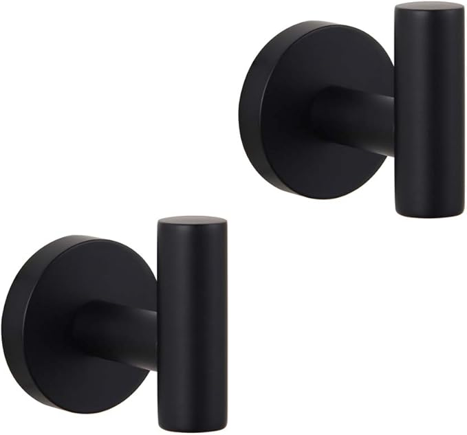 GERZWY Bathroom Matte Black Coat Hook SUS 304 Stainless Steel Single TowelRobe Clothes Hook for Bath Kitchen Contemporary Hotel Style Wall Mounted 2 Pack AG1107B-BK