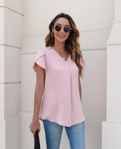 Bestbee Women's Dressy Chiffon Blouses V Neck Tops Tee 2025 Summer Shirts Petal Short Sleeve Casual T-Shirts