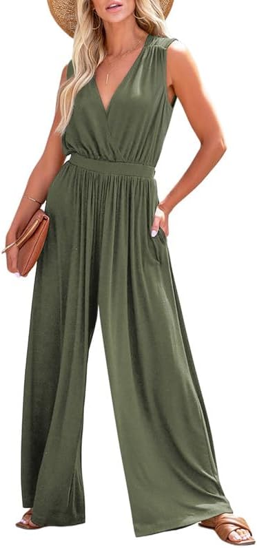 Dokotoo Sleeveless Jumpsuit Wrapped V Neck Elegant for Womens Dressy Casual 2025 One Piece Romper Outfits
