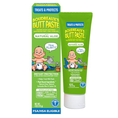 Boudreaux's Butt Paste Diaper Rash Cream for Baby, Ointment With Natural* Aloe & Zinc Oxide, 4 oz Tube