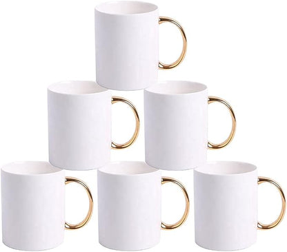 MR.R Grade AAA Sublimation Blanks 6 Sets Dishwasher White Ceramic Coffee Mugs with golden handle 11oz Blank Ceramic Classic Drinking Cup Mug For Milk Tea Cola Water Set of 6 with Safe Package