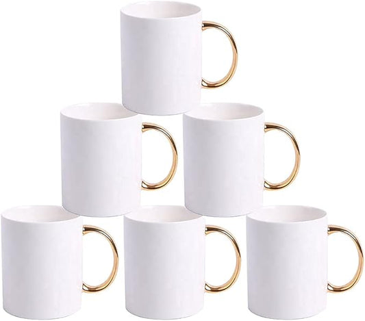 MR.R Grade AAA Sublimation Blanks 6 Sets Dishwasher White Ceramic Coffee Mugs with golden handle 11oz Blank Ceramic Classic Drinking Cup Mug For Milk Tea Cola Water Set of 6 with Safe Package