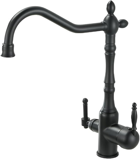 Kitchen Sink Faucet with 2 Handle Water Filter Purifier Drinking Water Faucets 360 Swivel Spout 1 Hole High Arc Brass Mixer Tap RV Kitchen Sink Faucet Vintage Faucet Matte Black
