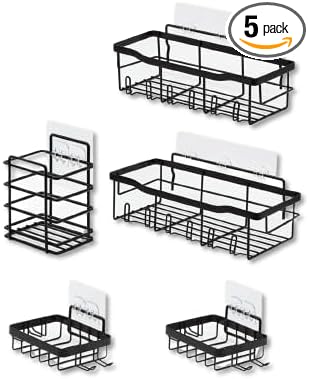 Shower Caddy Bathroom Organizers and Storage, Tile Shower Organizer 5 Pack Bathroom Set | Shower Storage Organizer Stainless Steel With Large Capacity (Set of 5), Black