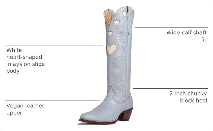 Size 6.5 Alsoloveu Embroidered Cowboy Boots Women Heart pattern Knee High Cowgirl Boot Chunky Heel Pull On Western Booties Size 8 US, Blue