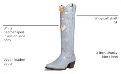 Size 6.5 Alsoloveu Embroidered Cowboy Boots Women Heart pattern Knee High Cowgirl Boot Chunky Heel Pull On Western Booties Size 8 US, Blue