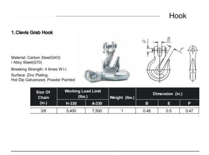 Hi-Gear Clevis Grab Hook, 6,600 LBS Working Capacity, Compatible with Tow Chain 38" Chain, Grade 70, Hook Flatbed, Trailer Tie Down Hauling Rig