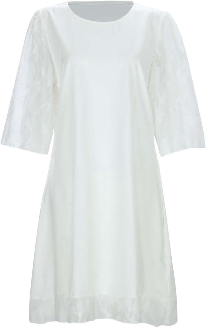 Womens Summer Fashion Semi High Round Neck Tunic Lace Sleeve Dress Casual Flowy Mini Sundress