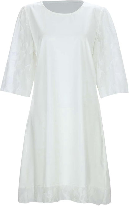 Womens Summer Fashion Semi High Round Neck Tunic Lace Sleeve Dress Casual Flowy Mini Sundress