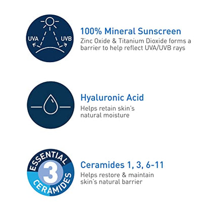 CeraVe 100% Mineral Sunscreen SPF 50 with Zinc Oxide & Titanium Dioxide, Hyaluronic Acid & Ceramides, Oil Free & Non-Greasy, Hydrating Mineral Sunscreen For Body, 5 oz