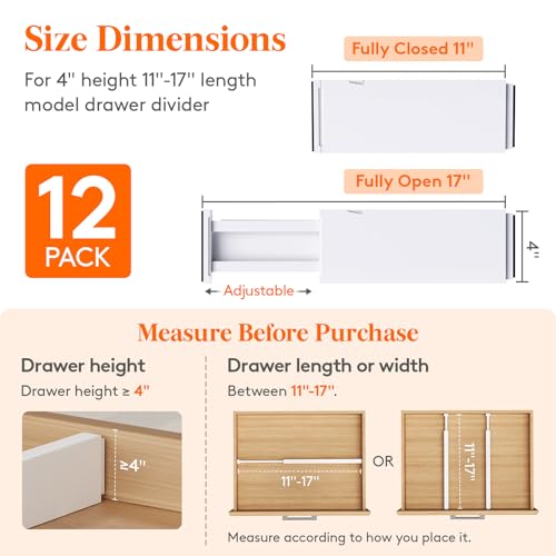 Lifewit 12 Pack 4 High Drawer Dividers 28-43.5cm/11-17" Adjustable Drawer Organizer for Clothes/Utensils