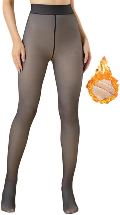 Women Fleece Lined Tights, Fake Translucent pantyhose [One Line Crotch] Thick Thermal Leggings Pants