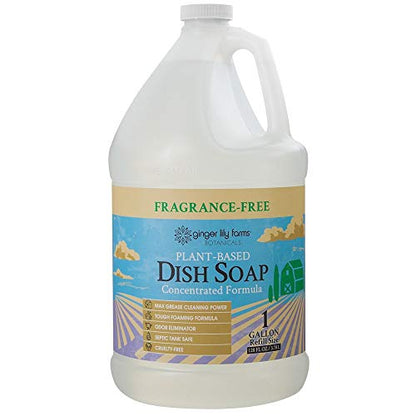 Ginger Lily Farms Botanicals Plant-Based Liquid Dish Soap, Concentrated Formula with Max Grease Cleaning Power, Cruelty-Free, Fragrance-Free, 1 Gallon Refill (128 Fl. Oz.), Clear