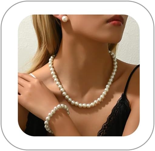 CSIYANJRY99 Pearl Necklace and Earring Set Faux Pearl Jewelry Sets for Women Imitation Beaded Pearl Necklace Bracelet Stud for Women ( No earrings)