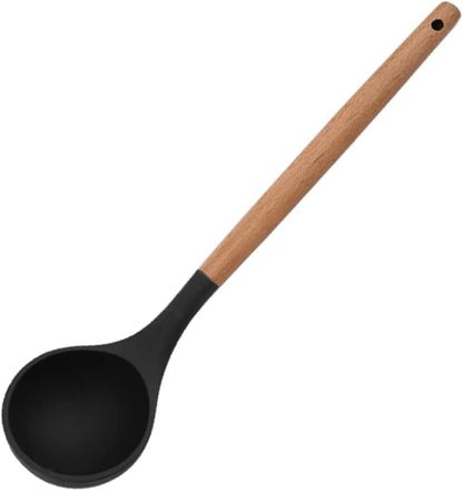 1pcs Black Silicone Deep Soup Ladle, Heat Resistant Large Nonstick Rubber Kitchen Serving Spoon with Wooden Handle for Cooking Sauce/Stews/Gravies/Chili