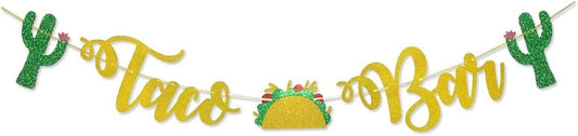 Cinco De Mayo Taco Bar Gold Glitter Sign Garland for Mexican Fiesta Themed Party