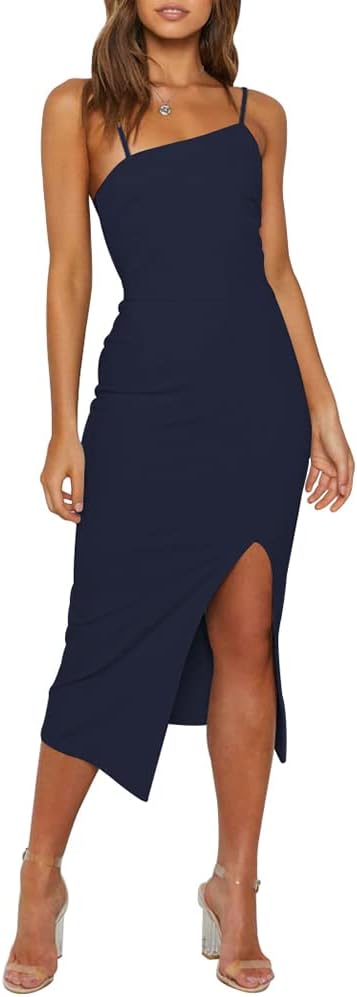 This navy blue midi dress features a flattering spaghetti strap design, side slit, and soft, breathable fabric - perfect for any special occasion.