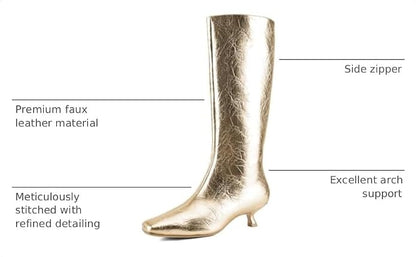 JilTrdWei Women's Knee High Boots with Square Toe Low Kitten Heel, Fashion Tall Faux Leather Boots with Side Zipper, Casual Winter Long Boots for Party, Daily Wear, Concert and Fall Outfits .
