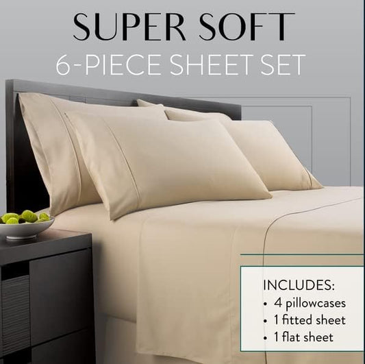 Danjor Linens Queen Sheet Set - 6 Piece Set Including 4 Pillowcases - Deep Pockets - Breathable, Soft Bed Sheets - Wrinkle Free - Machine Washable - Taipe Sheets for Queen Size Bed - 6 pc