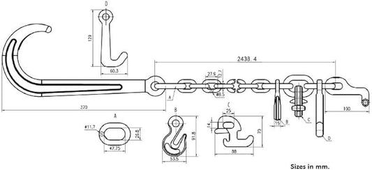 Mytee Products 516"x8' Leg G70 15" Long Shank J Hook Tow Chain wRTJ Cluster Hook  Grab Hook - 4700 lbs WLL Heavy Duty Transport Truck Chain for Car Wrecker Recovery - Towing Equipment