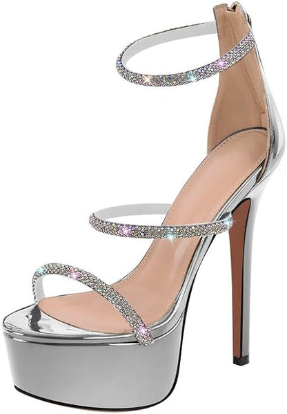 Platform Heel for Women Crystal Sandals with Rhinestone Straps Buckle Stiletto High Heels