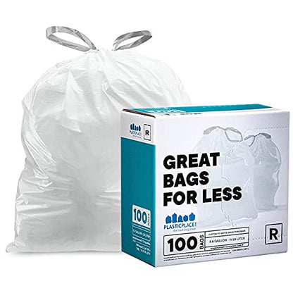 Plasticplace Custom Fit Trash Bags, Compatible with Simplehuman Code R (100 Count) White Drawstring Garbage Liners 2.6 Gallon/ 10 Liter 16.5 x 18""