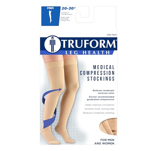 Truform 20-30 Mmhg Compression Stockings for Men & Women, Thigh High Length, Dot Top, Closed Toe, Black, Large (20-30 Mmhg)