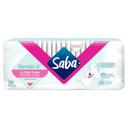 Saba Sensiti-V Ultra Thin Regular Sanitary Napkin Pads with Wings, 4-Pack of 20 Pads (80 Count)