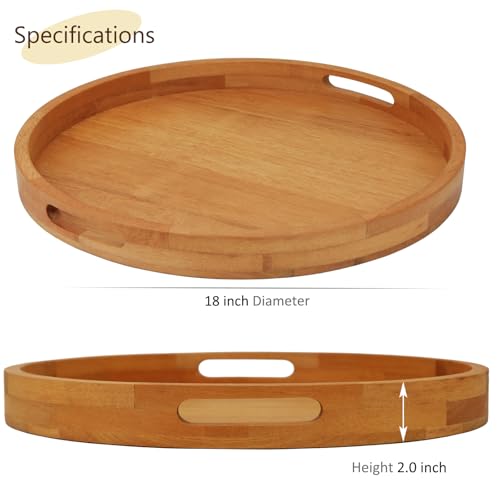 18 Inches Extra Large Round Teak Wood Ottoman Tray with Handles, Serve Tea, Coffee Classic Wooden Decorative Serving Tray