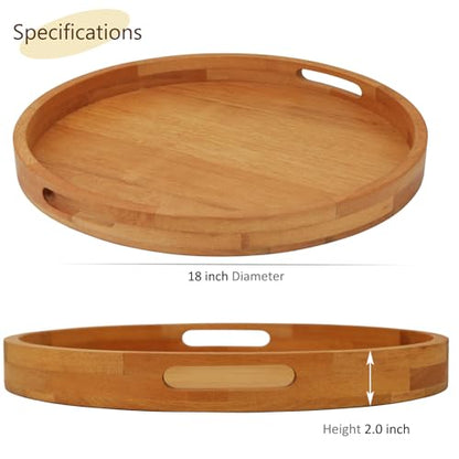 18 Inches Extra Large Round Teak Wood Ottoman Tray with Handles, Serve Tea, Coffee Classic Wooden Decorative Serving Tray