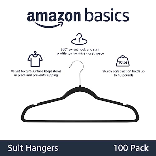 Basics Slim Velvet Non-Slip Space Saving Suit Clothes Hangers, Closet Organizer, Black/Silver, 100-Pack