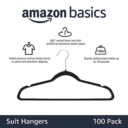 Basics Slim Velvet Non-Slip Space Saving Suit Clothes Hangers, Closet Organizer, Black/Silver, 100-Pack