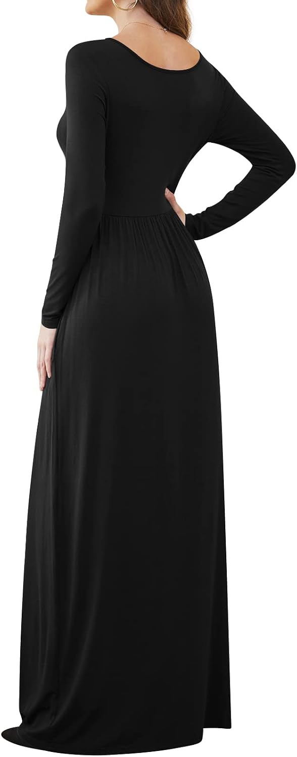 Women Casual Long Sleeve Maxi Dresses Empire Waist Long Dress with Pockets