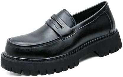 Men's Leather Platform Chunky Slip-On Penny Loafers Classic Round Toe Lug Sole Business Casual Formal Work Shoes