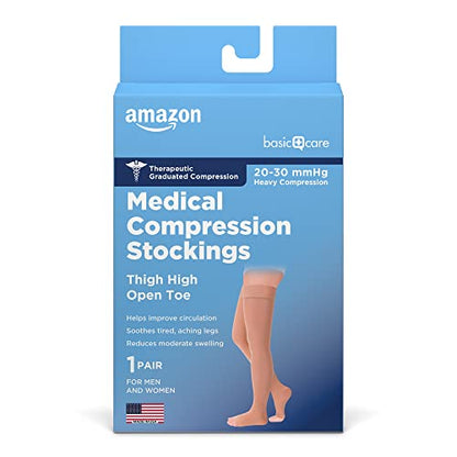 Basic Care Medical Compression Stockings for Circulation, Varicose Veins, Edema, Swelling, 20-30 mmHg Support, Women & Men Thigh Length Hose, Open Toe, Beige, Small