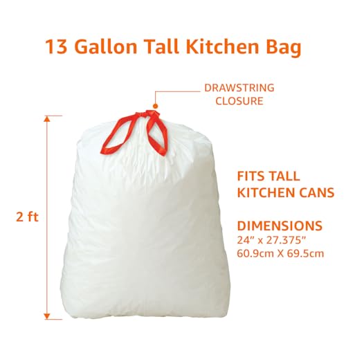 Basics 13 Gallon Tall Kitchen Drawstring Trash Bags, Clean Fresh Scent, 10% Post Consumer Recycled Material, 80 Count