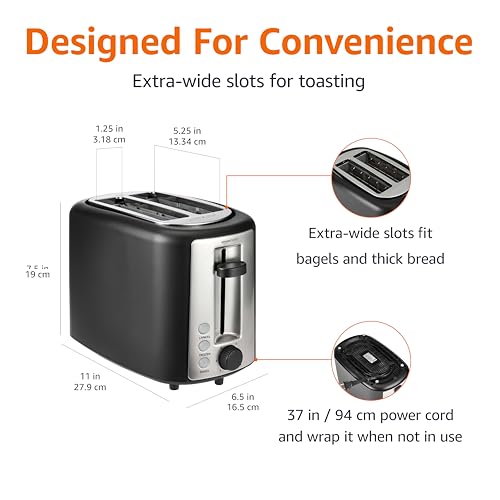 Basics 2 Slice Toaster, Extra Wide Slots for Bagels, 6 Browning Settings, Removable Crumb Tray, Defrost/Cancel/Bagel Buttons, Cord Wrap, 900W, Black & Silver