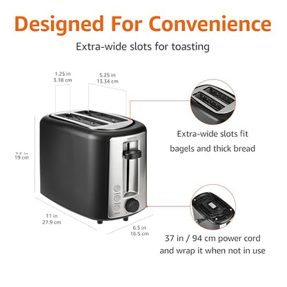 Basics 2 Slice Toaster, Extra Wide Slots for Bagels, 6 Browning Settings, Removable Crumb Tray, Defrost/Cancel/Bagel Buttons, Cord Wrap, 900W, Black & Silver