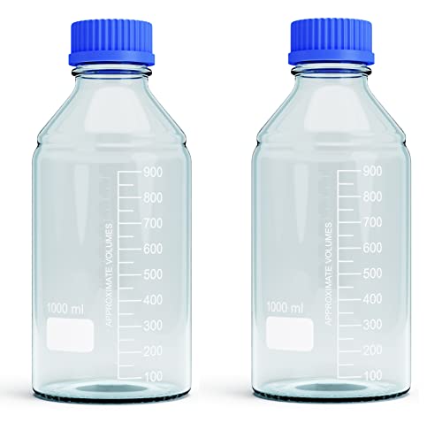 1000ml Storage Glass Bottles 2pcs Round Media Storage Bottle Borosilicate Glass Bottles Safe Probe Storage Glass Storage Bottles with GL45 Blue Screw Cap (1000ml - 2pcs)