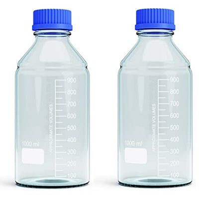 1000ml Storage Glass Bottles 2pcs Round Media Storage Bottle Borosilicate Glass Bottles Safe Probe Storage Glass Storage Bottles with GL45 Blue Screw Cap (1000ml - 2pcs)