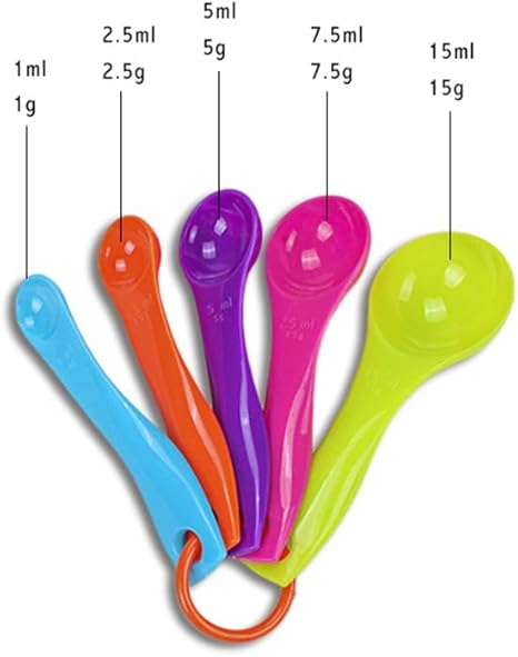 AKOAK Plastic Measuring Spoon Set, Stackable Plastic Measuring Spoon for Measuring Dry and Liquid Ingredients, Cooking and Baking, Mixing Color, Set of 5
