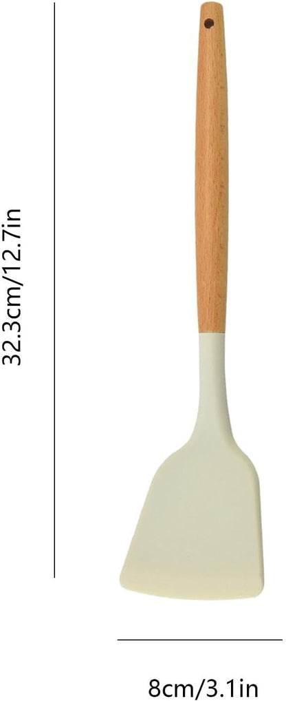 Silicone Cooking Utensils Set - Heat Resistant, Non-Stick, Non-Scratch Kitchen Tools, Slotted Turner, Utensils for Grilling, Space-Saving Design, Wooden Handle