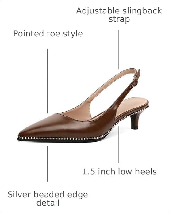 AUMOTED Women's Slingback Kitten Heels Pointed Toe Stiletto Low Heel Ankle-Strap with Beaded Pumps Dress Shoes 1.6 Inches